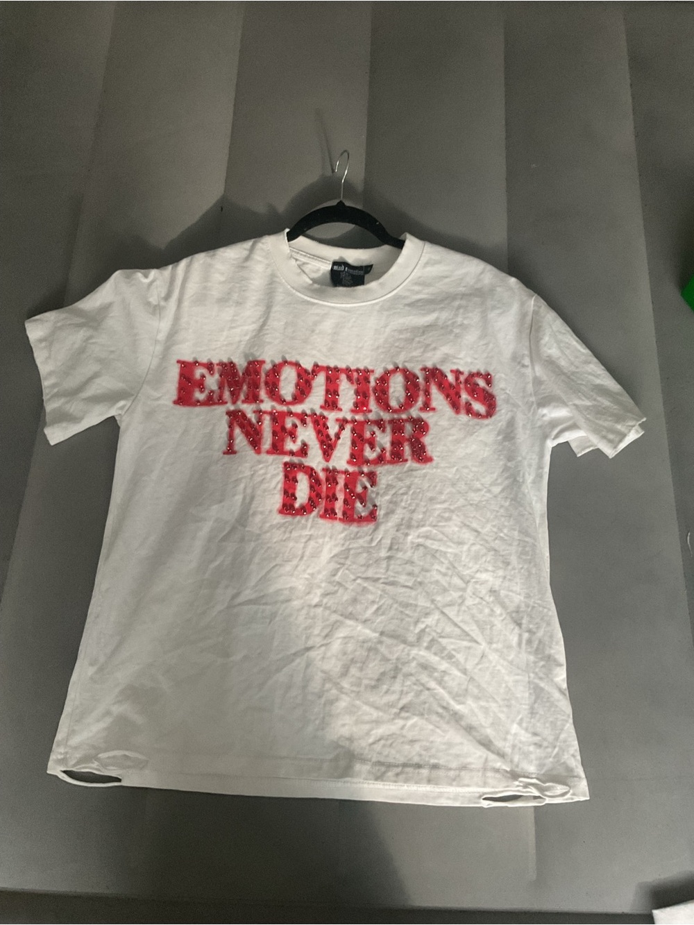 White Short-Sleeve Tee with Red "EMOTIONS NEVER DIE" Graphic
